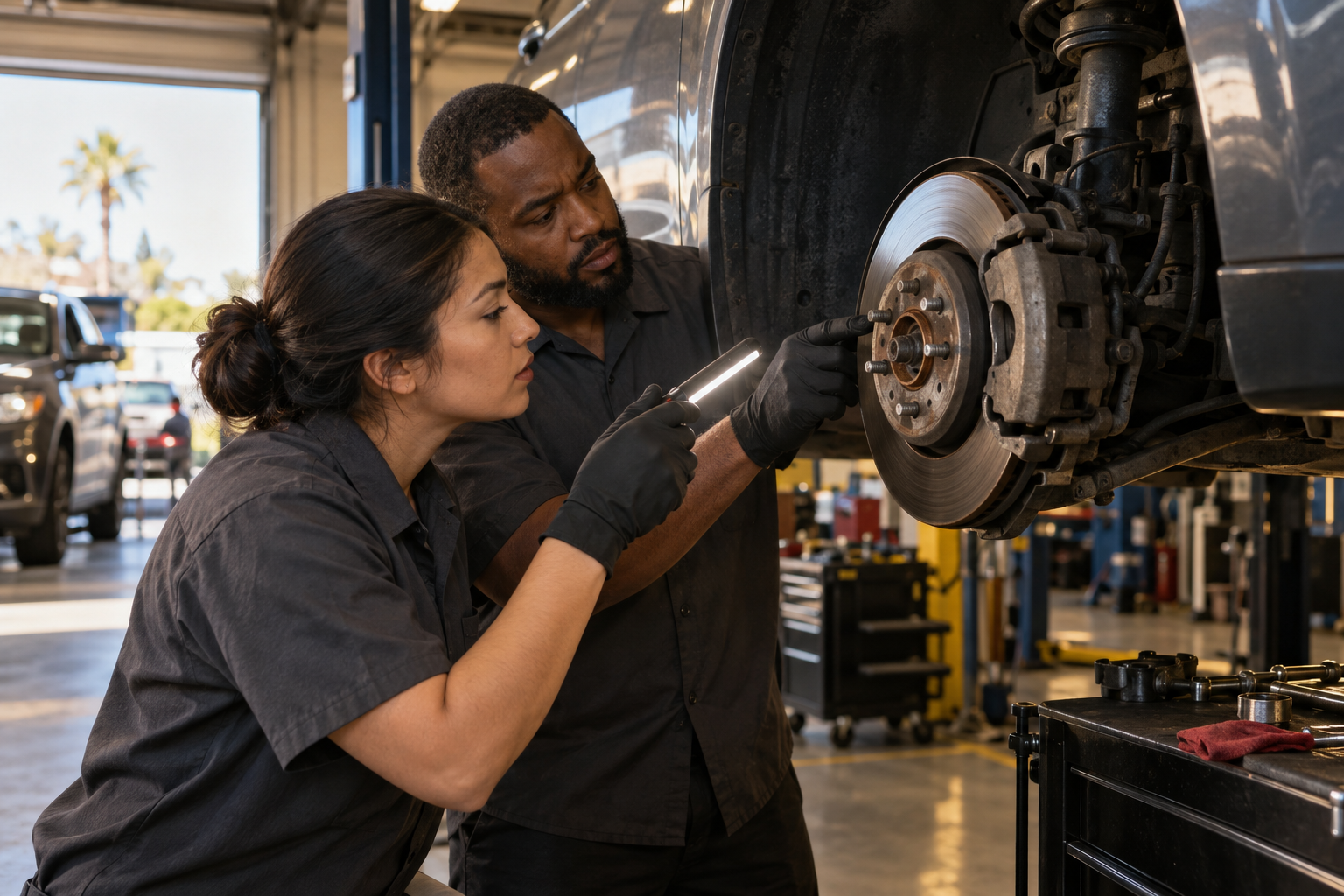 Illustrative scene of automotive technicians inspecting a wheel in a workshop
